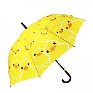 23 인치 명주 패브릭 자동 열기 노란색 오리 만화 패턴 직선 우산